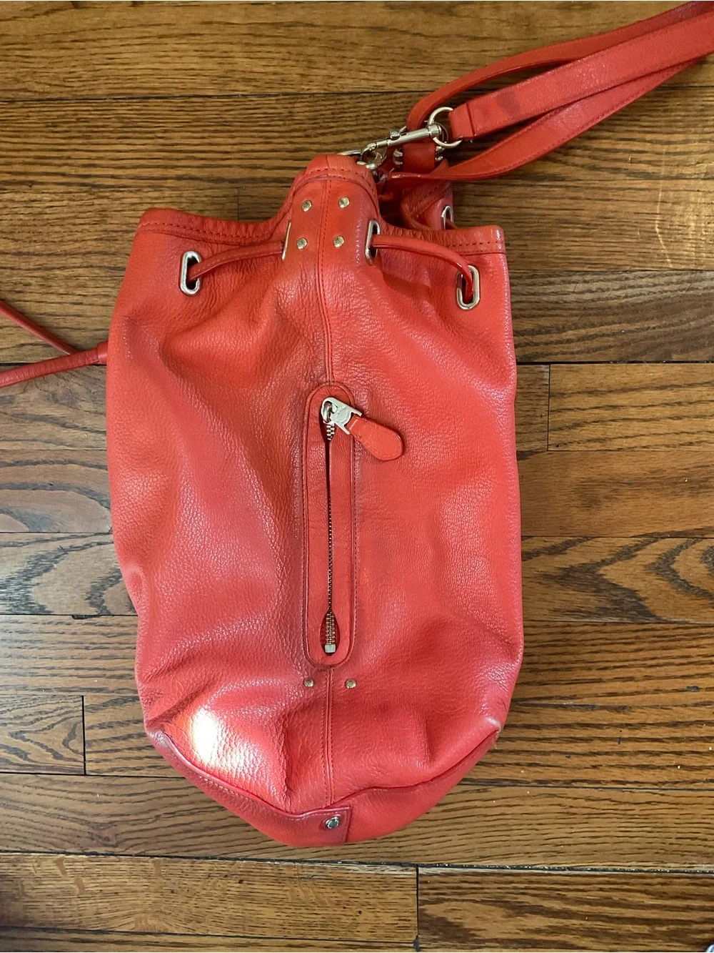 Coach Coral-Red Pebbled Leather Drawstring Hobo